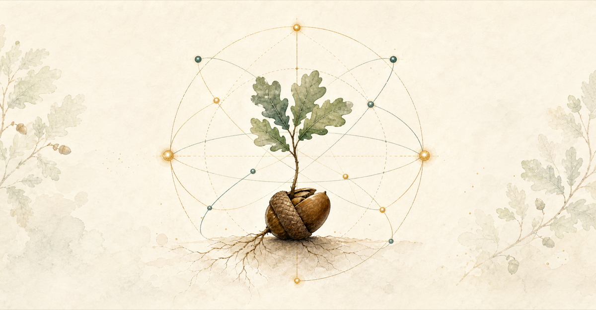 An acorn sprouting oak leaves surrounded by abstract quantum state arcs